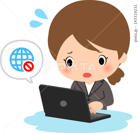 パソコンのインターネット接続が切れて困っているスーツの女性 パソコンのインターネット接続が切れて困っているスーツの女性 143319231