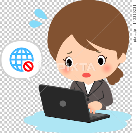 パソコンのインターネット接続が切れて困っているスーツの女性 パソコンのインターネット接続が切れて困っているスーツの女性 143319231