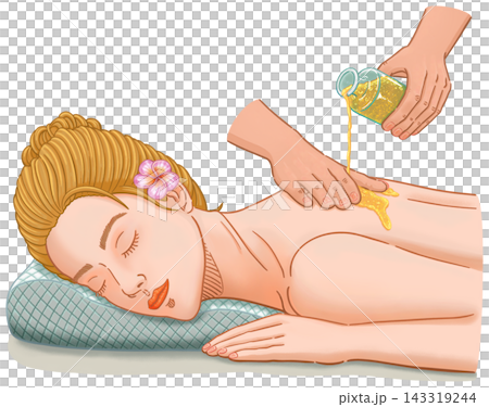 Woman enjoying a body oil massage treatment Woman enjoying a body oil massage treatment 143319244