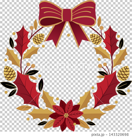 A festive Christmas decorative frame featuring a large burgundy bow at the top, symmetrical golden foliage, holy leaves, golden ornaments, branches, and vibrant red poinsettia flowers. A festive Christmas decorative frame featuring a large burgundy bow at the top, symmetrical golden foliage, holy leaves, golden ornaments, branches, and vibrant red poinsettia flowers. 143320698