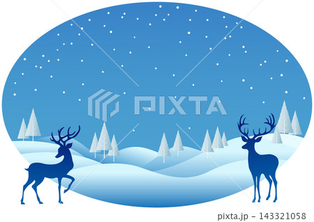 Winter landscape illustration in an oval frame with two silhouettes of blue deer or stags with elegant antlers on the left and right sides, and a gradient blue sky filled with falling white snowflakes Winter landscape illustration in an oval frame with two silhouettes of blue deer or stags with elegant antlers on the left and right sides, and a gradient blue sky filled with falling white snowflakes 143321058