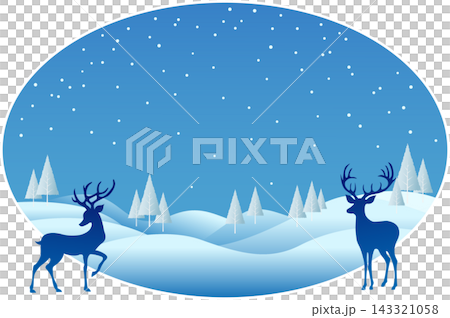 Winter landscape illustration in an oval frame with two silhouettes of blue deer or stags with elegant antlers on the left and right sides, and a gradient blue sky filled with falling white snowflakes 143321058