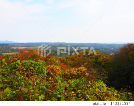 紅葉の丘から望む山里と遠くの山並み 福島の秋 コピースペース 紅葉の丘から望む山里と遠くの山並み 福島の秋 コピースペース 143321554