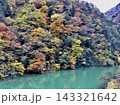 紅葉した山々に囲まれた青緑色の奥秩父もみじ湖と色鮮やかな森林が広がる秋の山間風景 143321642
