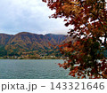 河口湖の湖面と紅葉に彩られた山々、湖畔の集落を赤やオレンジのカエデ越しに望む秋の風景 143321646