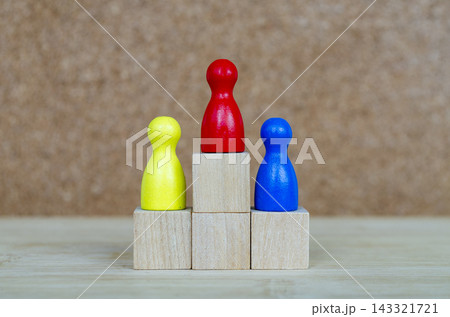 Diverse figures positioned on graduated platforms representing togetherness, fairness, inclusion, opportunity, and leadership advancement 143321721