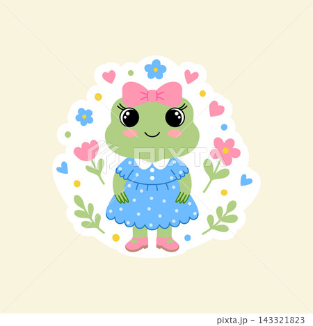 Girl frog sticker design. Vector mascot character in blue dress Girl frog sticker design. Vector mascot character in blue dress 143321823