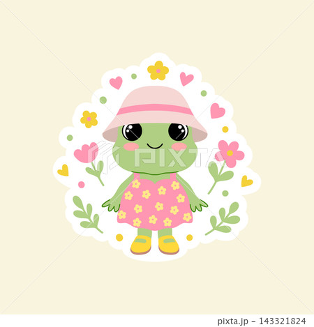 Girl frog sticker character in pink floral dress and hat on cream backdrop. Girl frog sticker character in pink floral dress and hat on cream backdrop. 143321824