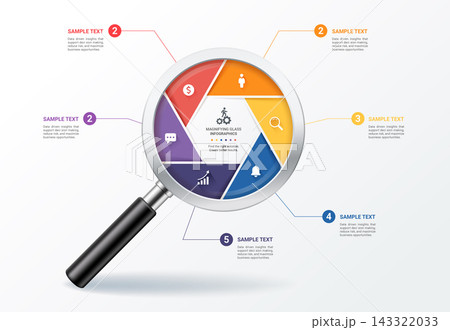 Magnifying Glass Infographic Template Background with Six Step Business Analysis and Strategy Process Magnifying Glass Infographic Template Background with Six Step Business Analysis and Strategy Process 143322033