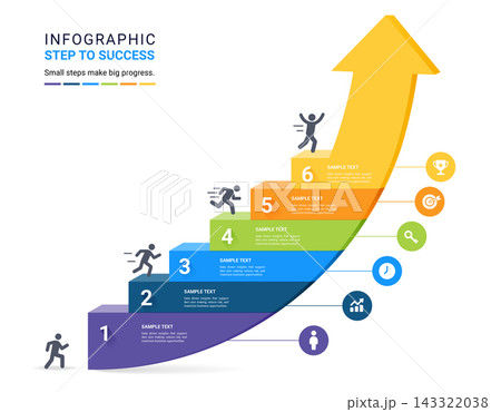 Infographic Staircase Step Business Growth timeline with 6 Step Arrow Process and Concepts for Success Diagram Background Infographic Staircase Step Business Growth timeline with 6 Step Arrow Process and Concepts for Success Diagram Background 143322038