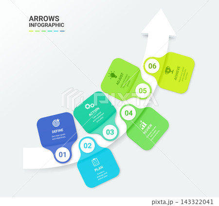 Infographic Staircase Step Business Growth timeline with 6 Step Arrow Process and Concepts for Success Diagram Background 143322041