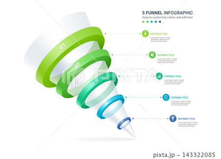 Modern 3D funnel infographic with Five Progressive Stages Modern 3D funnel infographic with Five Progressive Stages 143322085