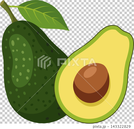 Illustration of a whole avocado with its stem and leave, and a half sliced avocado set against a transparent background. Illustration of a whole avocado with its stem and leave, and a half sliced avocado set against a transparent background. 143322829