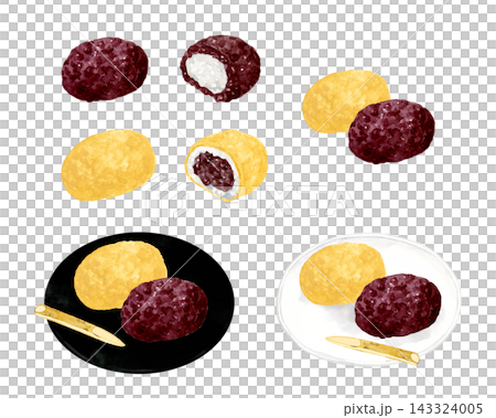 Red bean and kinako (roasted soybean flour) ohagi (botamochi) set - Hand-drawn watercolor illustration material Red bean and kinako (roasted soybean flour) ohagi (botamochi) set - Hand-drawn watercolor illustration material 143324005