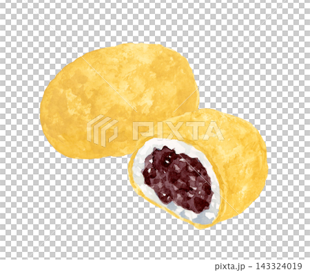 Half-cut ohagi (botamochi) coated in kinako (roasted soybean flour) - Hand-drawn watercolor illustration material 143324019
