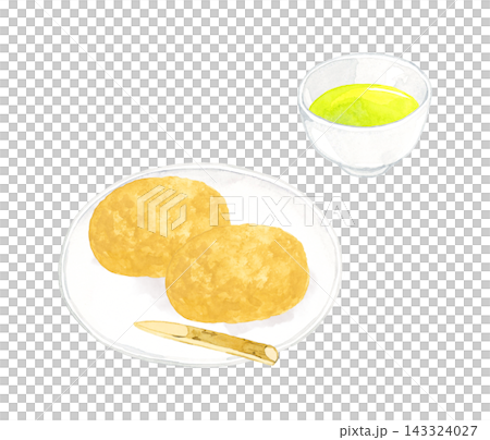 Kinako-covered ohagi (botamochi) and green tea set - Hand-drawn watercolor illustration material Kinako-covered ohagi (botamochi) and green tea set - Hand-drawn watercolor illustration material 143324027