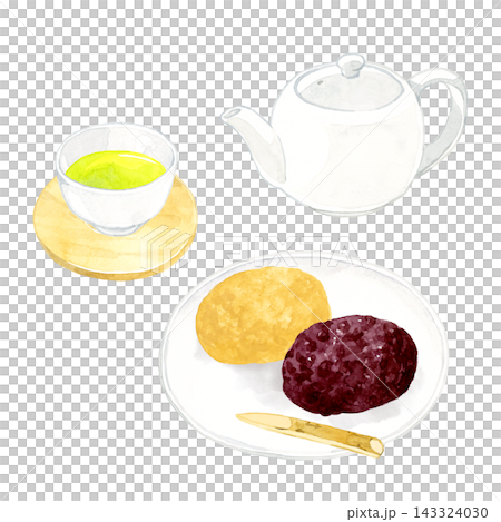 A set of ohagi (botamochi) with red bean paste and kinako (roasted soybean flour) and green tea - hand-drawn watercolor illustration material A set of ohagi (botamochi) with red bean paste and kinako (roasted soybean flour) and green tea - hand-drawn watercolor illustration material 143324030