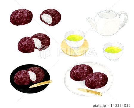 おはぎ（ぼたもち）と緑茶のセット　手描き水彩イラスト素材 143324033