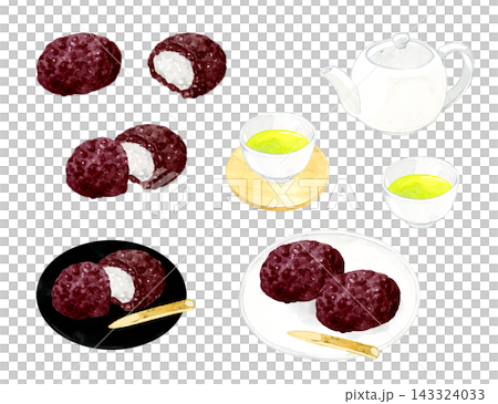 おはぎ（ぼたもち）と緑茶のセット　手描き水彩イラスト素材 143324033