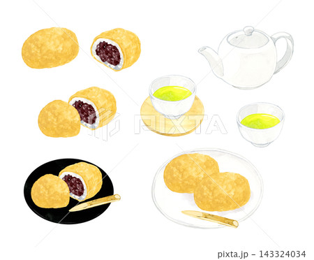 きな粉のおはぎ(ぼたもち)と緑茶のセット 手描き水彩イラスト素材 きな粉のおはぎ(ぼたもち)と緑茶のセット 手描き水彩イラスト素材 143324034