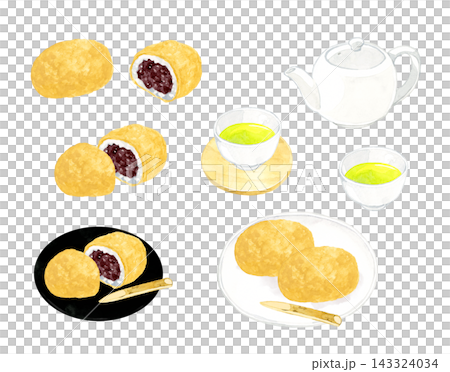 きな粉のおはぎ(ぼたもち)と緑茶のセット 手描き水彩イラスト素材 きな粉のおはぎ(ぼたもち)と緑茶のセット 手描き水彩イラスト素材 143324034