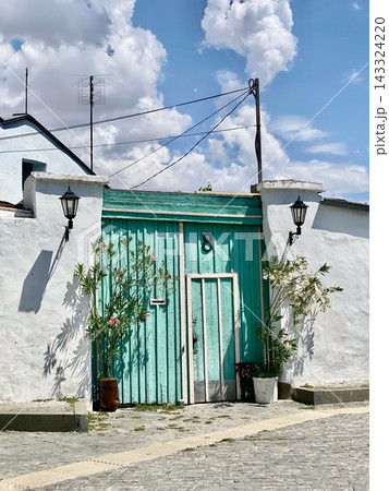 Weathered turquoise wooden gate with flowering plants stands beneath bright summer clouds. 143324220