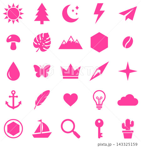 Minimalist icon set featuring various nature and travel symbols in a clean simple vector style Minimalist icon set featuring various nature and travel symbols in a clean simple vector style 143325159