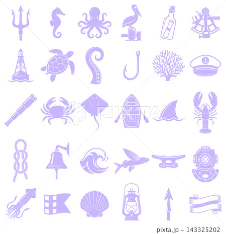 Nautical sea life and maritime navigation themed vector icons set featuring marine animals and tools 143325202