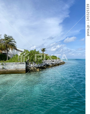 Rocky tropical shoreline with palm trees beside calm turquoise water. Rocky tropical shoreline with palm trees beside calm turquoise water. 143325339