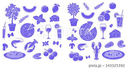 Italian food vector elements with pizza and seafood icons in minimalist monochromatic line art style Italian food vector elements with pizza and seafood icons in minimalist monochromatic line art style 143325392