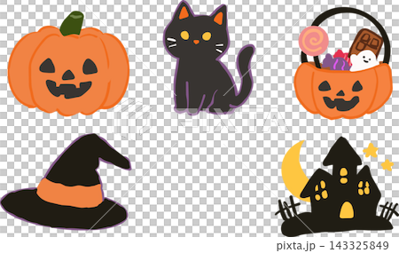 Halloween Illustration Set | Pumpkin, Black Cat, Witch Hat, Sweets Halloween Illustration Set | Pumpkin, Black Cat, Witch Hat, Sweets 143325849