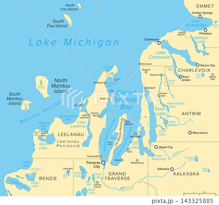 Grand Traverse Bay, Michigan, United States, political map. Arm of Lake Michigan, along Lower Peninsula of Michigan west coast, further divided into East and West Arm by Old Mission Peninsula. Vector 143325885