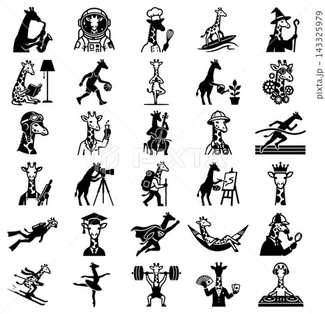 Series of funny giraffe character illustrations showing diverse professions and lifestyle activities in black and white Series of funny giraffe character illustrations showing diverse professions and lifestyle activities in black and white 143325979