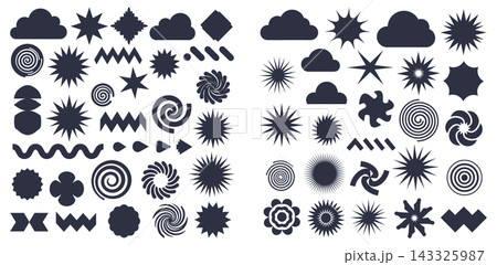 Set of abstract geometric shapes and doodle elements including clouds stars and swirls for design 143325987
