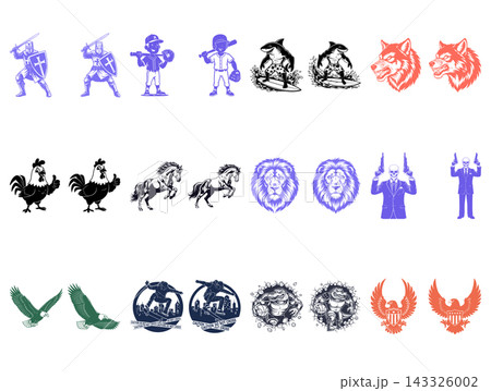Set of aggressive animal and warrior character mascot designs for sports team logo branding usage Set of aggressive animal and warrior character mascot designs for sports team logo branding usage 143326002