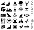 Set of black outdoor adventure icons including mountain tent campfire boat compass and wildlife elements 143326155