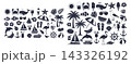 Set of black summer icons featuring tropical elements like palm trees and aquatic animals isolated 143326192