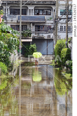 Person holding bright green umbrella wades through flooded residential street reflecting buildings and trees Person holding bright green umbrella wades through flooded residential street reflecting buildings and trees 143326517