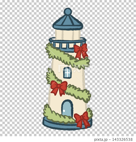 Coastal Christmas Lighthouse Wrapped in Evergreen Garland and Red Bows Cute Nautical Holiday Decoration Illustration Coastal Christmas Lighthouse Wrapped in Evergreen Garland and Red Bows Cute Nautical Holiday Decoration Illustration 143326538