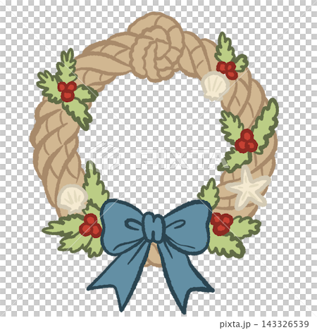 151. Coastal Christmas Rope Wreath with Holly Berries Seashells Starfish and Large Blue Bow Cute Nautical Holiday Illustration 151. Coastal Christmas Rope Wreath with Holly Berries Seashells Starfish and Large Blue Bow Cute Nautical Holiday Illustration 143326539