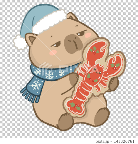 Cute Capybara Holding Giant Christmas Lobster Cookie Wearing Blue Snowflake Scarf and Santa Hat Holiday Illustration Cute Capybara Holding Giant Christmas Lobster Cookie Wearing Blue Snowflake Scarf and Santa Hat Holiday Illustration 143326761