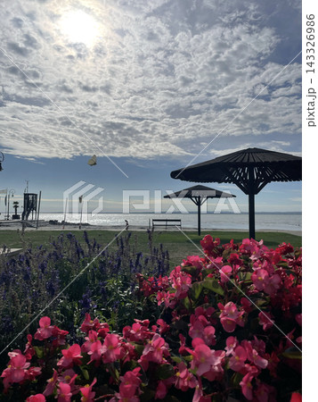 Summer lakeshore at Lake Balaton with wooden sun parasols, empty bench and blooming flower bed, Csopak, Hungary Summer lakeshore at Lake Balaton with wooden sun parasols, empty bench and blooming flower bed, Csopak, Hungary 143326986