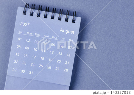 August 2027 Monthly desk calendar for 2026 year on blue background. August 2027 Monthly desk calendar for 2026 year on blue background. 143327018
