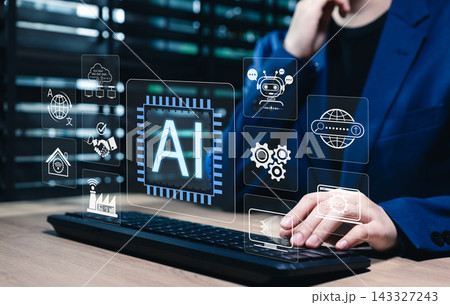 Artificial intelligence automation concept. Businesswoman using computer, machine learning, AI chatbot communication, workflow optimization, smart systems, digital transformation, business innovation Artificial intelligence automation concept. Businesswoman using computer, machine learning, AI chatbot communication, workflow optimization, smart systems, digital transformation, business innovation 143327243