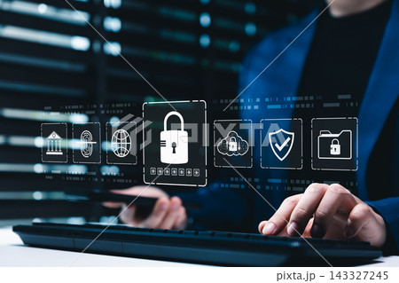 Cybersecurity and data protection concept. Person typing on keyboard and smartphone with lock icon representing secure access, encryption, privacy, cloud security, password protection, internet safety Cybersecurity and data protection concept. Person typing on keyboard and smartphone with lock icon representing secure access, encryption, privacy, cloud security, password protection, internet safety 143327245
