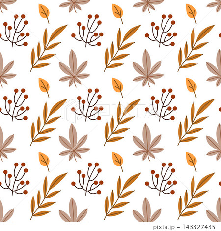 Autumn leaves seamless pattern vector fall foliage background with berries and maple leaf for fabric print and packaging design Autumn leaves seamless pattern vector fall foliage background with berries and maple leaf for fabric print and packaging design 143327435