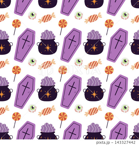 Halloween seamless pattern with coffin cauldron eyeball and candy vector background for spooky gift wrapping paper design 143327442