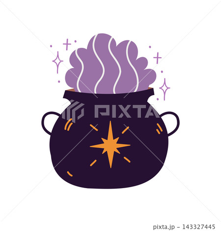 Witch cauldron vector illustration, cute halloween magic potion icon with star isolated on white background Witch cauldron vector illustration, cute halloween magic potion icon with star isolated on white background 143327445