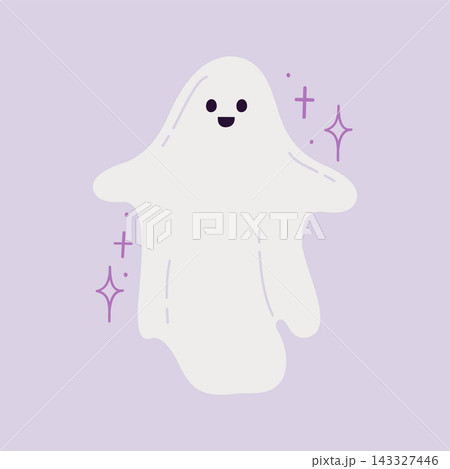 Cute Halloween ghost with magic sparkles flat vector illustration isolated on purple background 143327446