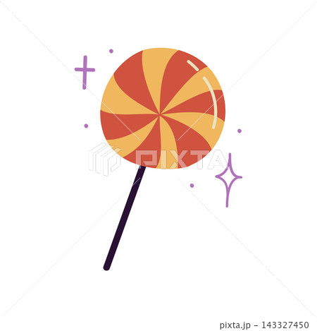 Cute Halloween lollipop on stick with magic sparkles flat vector illustration isolated on white background 143327450